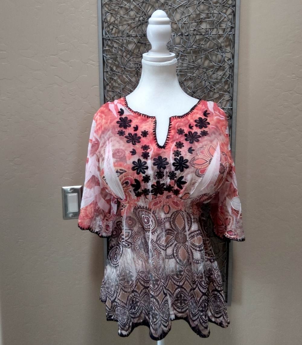 Boston Proper Coral, White & Brown Embroidered Empire Waist Boho Top